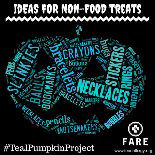 teal pumpkin shaped with words for non-food items such as slinkies, bookmarks, pens, noisemakers, notepads, bubbles, etc.