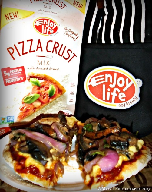 Enjoy Life Pizza Crust box, Enjoy Life oven mitt and homemade pizza Enjoy Life Pizza Crust box, Enjoy Life oven mitt and homemade pizza