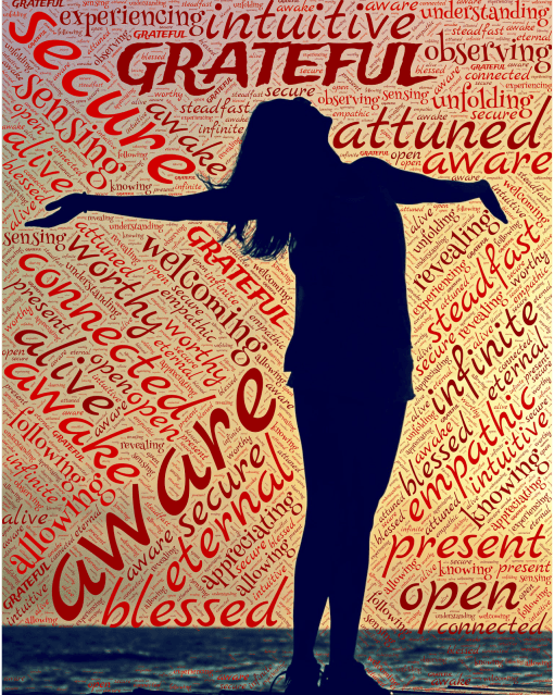 Gratitude word graphic; alive, infinite, blessed, secure, aware, grateful