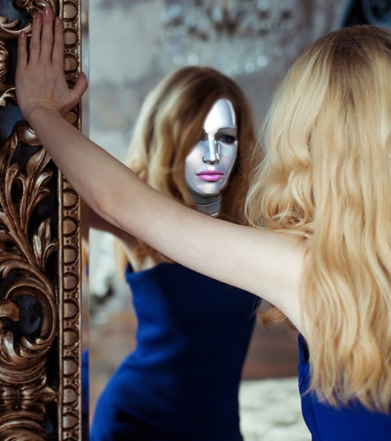 blonde girl mirror mask truth teen blonde woman looking in mirror while wearing a mask