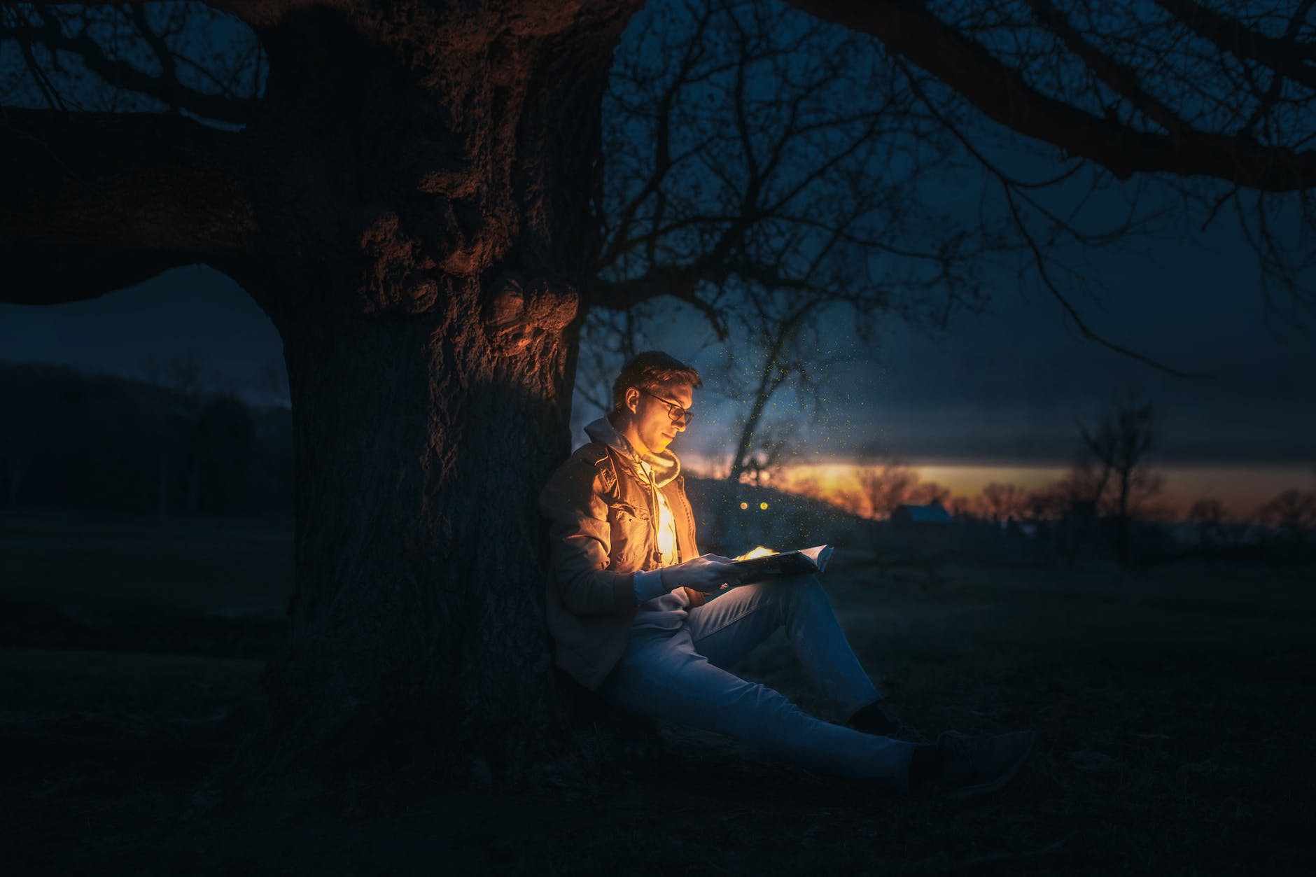 man sitting under a tree reading a book